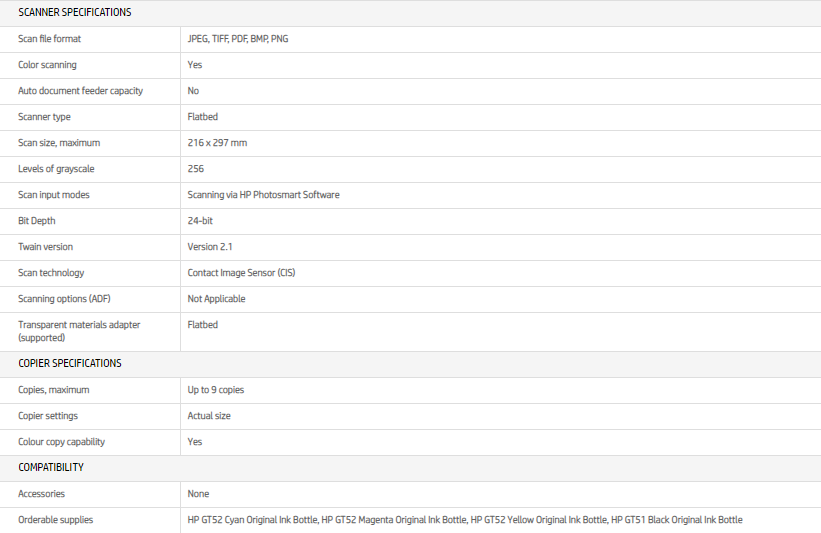 Specifications of the HP INKTANK 315